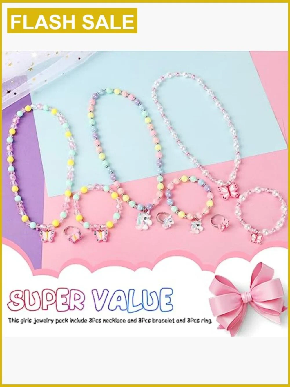 Kids Stretchy Jewelry Set - Unicorn Butterfly Necklace Bracelet Ring Gift